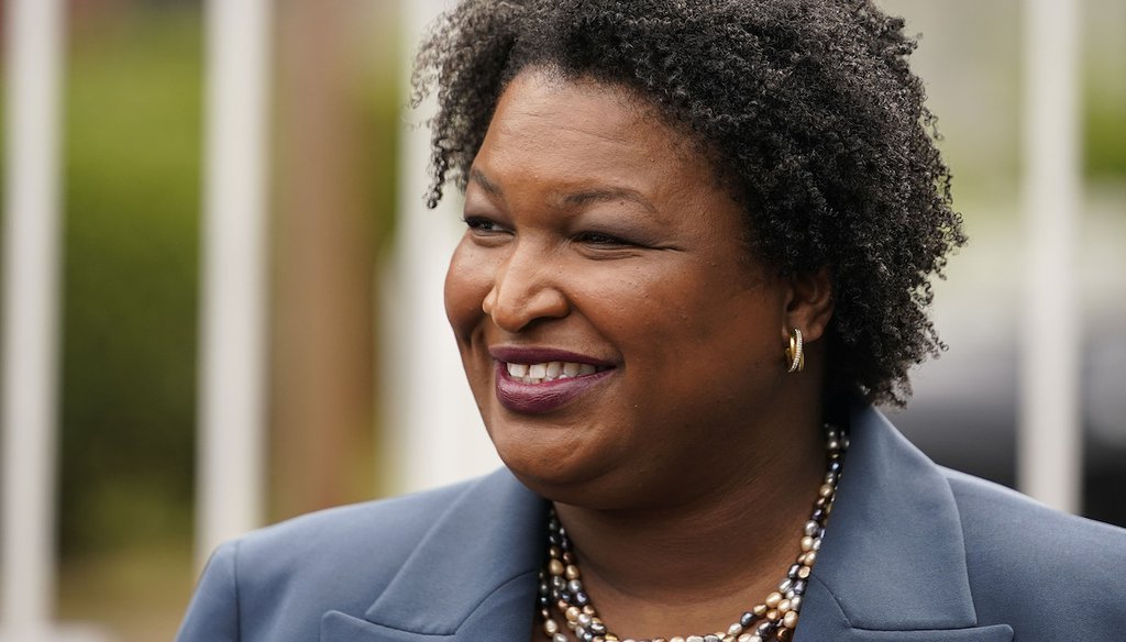 Georgia Democratic gubernatorial candidate Stacey Abrams talks to the media during Georgia's primary election on May 24, 2022, in Atlanta. (AP)