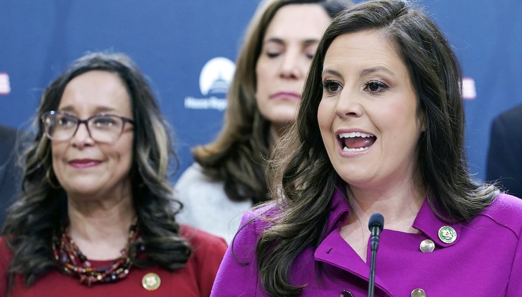 Rep. Elise Stefanik, R-N.Y., right, speaks during a press conference with House Republican leaders on Capitol Hill in Washington, Feb. 7, 2023. (AP Photo)