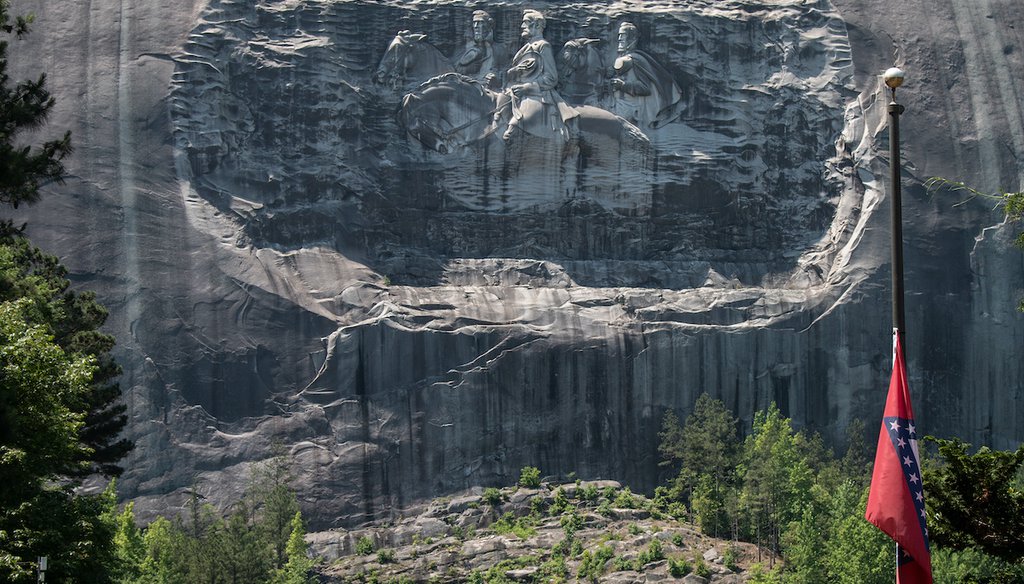 A carving on Stone Mountain in Georgia is shown on May 24, 2021. The carving honors Confederate President Jefferson Davis, and Confederate generals Robert E. Lee and Thomas “Stonewall” Jackson. (AP)