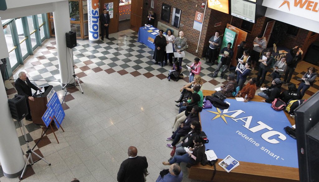 Democratic state lawmakers held a news conference at Milwaukee Area Technical College on Oct. 23, 2013, to announce a proposal to help Wisconsinites refinance their student loan debt.