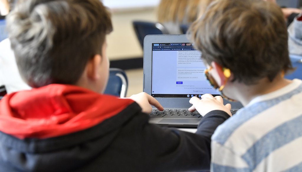 Students work to "Find the Bot" at Stonewall Elementary in Lexington, Ky., Feb. 6, 2023. Students each summarized text about boxer Muhammad Ali then tried to figure out which summaries were penned by classmates and which was written by a chatbot. (AP)