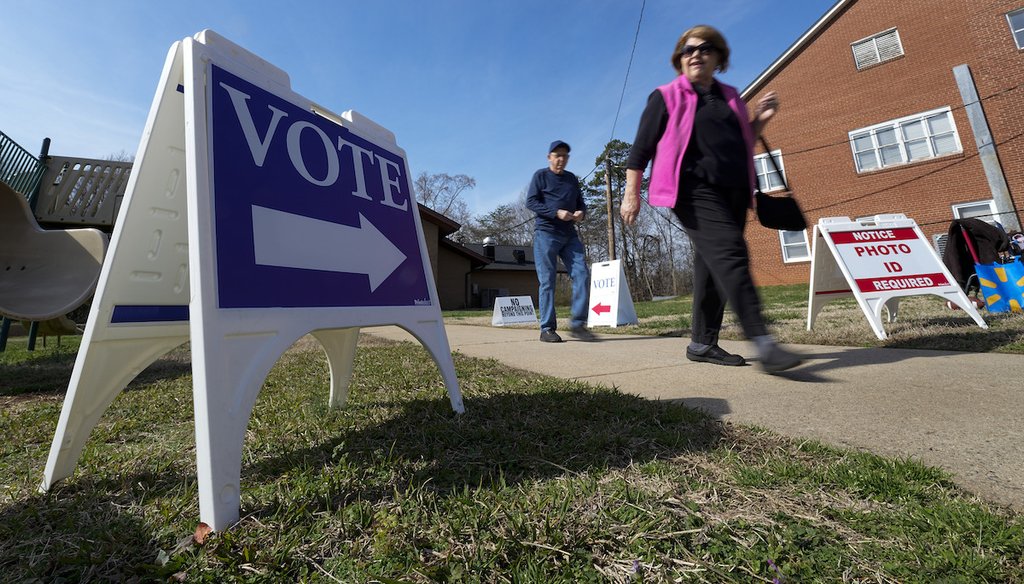 Super Tuesday voters leave a polling location Tuesday, March 5, 2024, in Mount Holly, N.C. (AP)