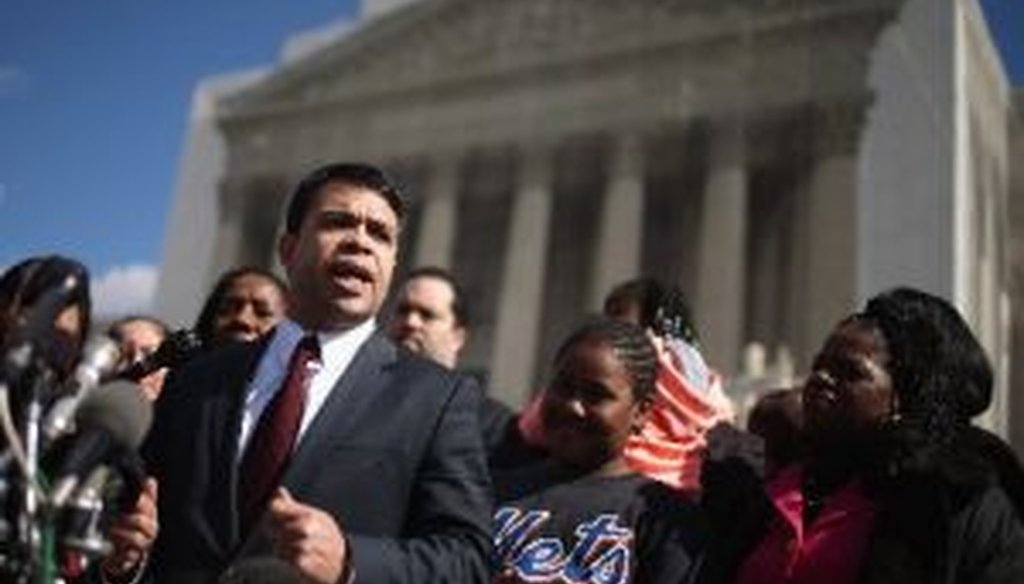 NAACP Legal Defense and Educational Fund attorney Debo Adegbile talks to reporters outside the U.S. Supreme Court on Feb. 27, 2013, when he argued in the case Shelby County v. Holder, a legal challenge to a portion of the Voting Rights Act.