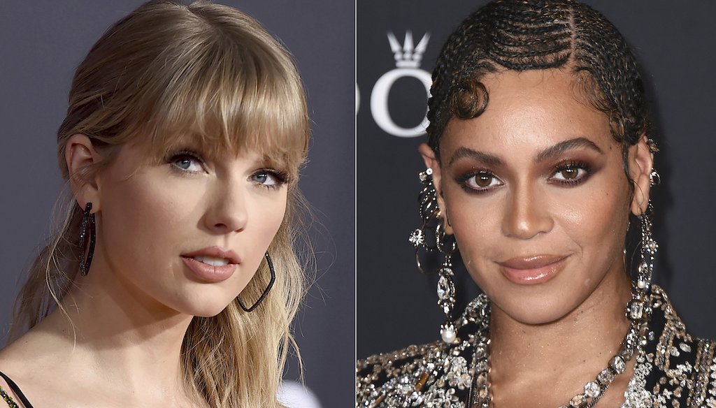 FILE -Taylor Swift appears at the American Music Awards in Los Angeles on Nov. 24, 2019, left, and Beyonce appears at the world premiere of "The Lion King" in Los Angeles on July 9, 2019. (AP)