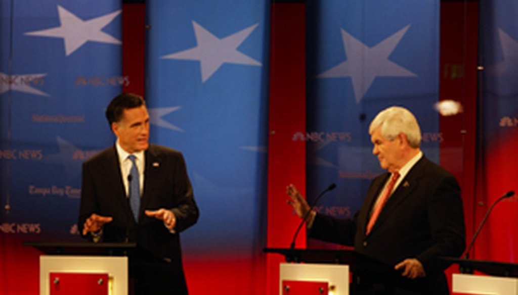 Mitt Romney and Newt Gingrich at the Republican debate in Tampa (Tampa Bay Times photo by Edmund D. Fountain)
