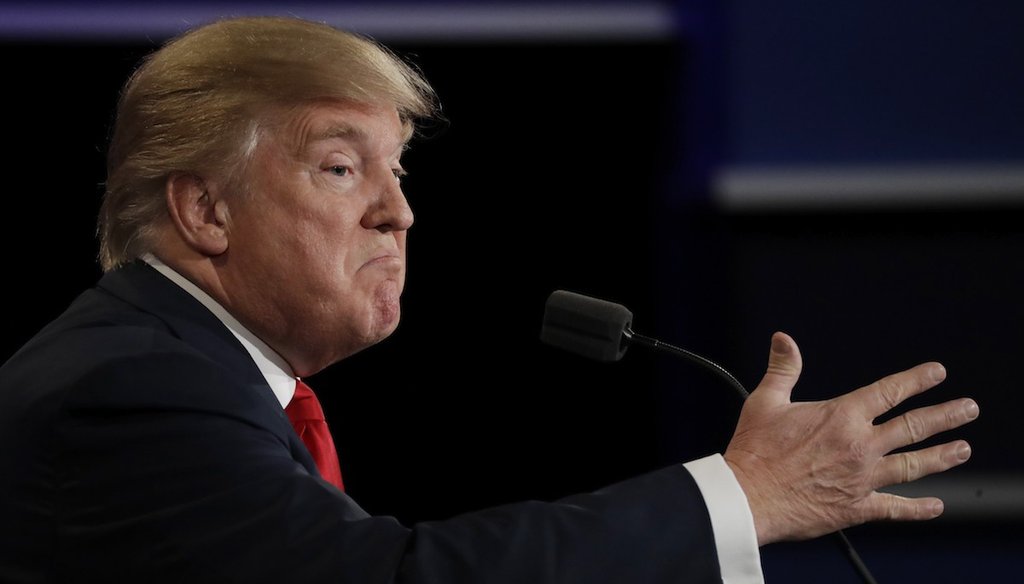 Republican presidential nominee Donald Trump speaks during the third presidential debate with Democratic presidential nominee Hillary Clinton at UNLV in Las Vegas, Wednesday, Oct. 19, 2016. (AP Photo/Patrick Semansky)