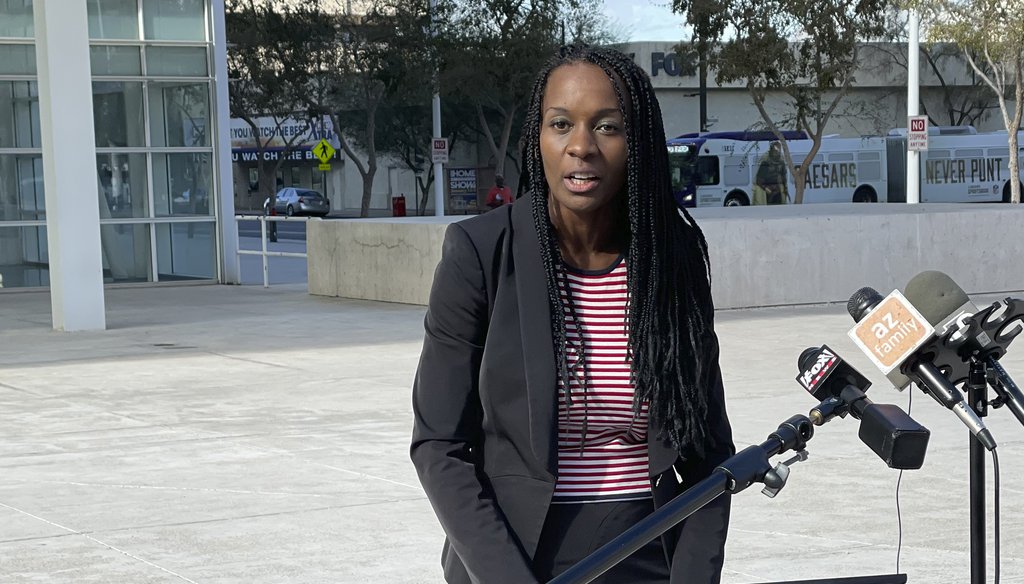 Talonya Adams, who successfully sued the Arizona Senate for racial discrimination, speaks outside of a courthouse in Phoenix on Dec. 9, 2021. Katie Hobbs, who is running for Arizona governor, had a role in Adams' firing. (AP)