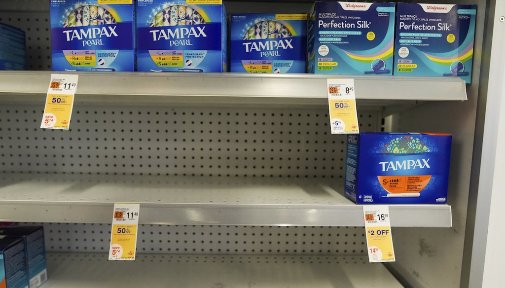 View of tampon products at a Duane Reade in New York City on June 10, 2022. Top retailers and manufacturers recently acknowledged the shortages, confirming complaints that have been circulating on social media for months. (via the AP)