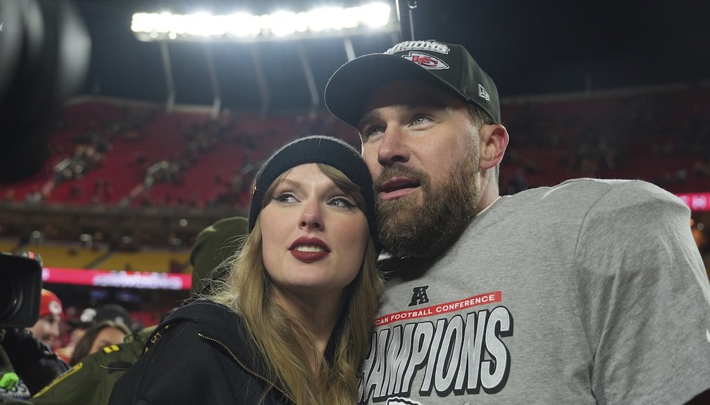 Kansas City Chiefs tight end Travis Kelce, right, is congratulated by Taylor Swift as they celebrate the Chiefs victory over the Buffalo Bills in the AFC Championship NFL football game, Jan. 26, 2025, in Kansas City, Mo. (AP)