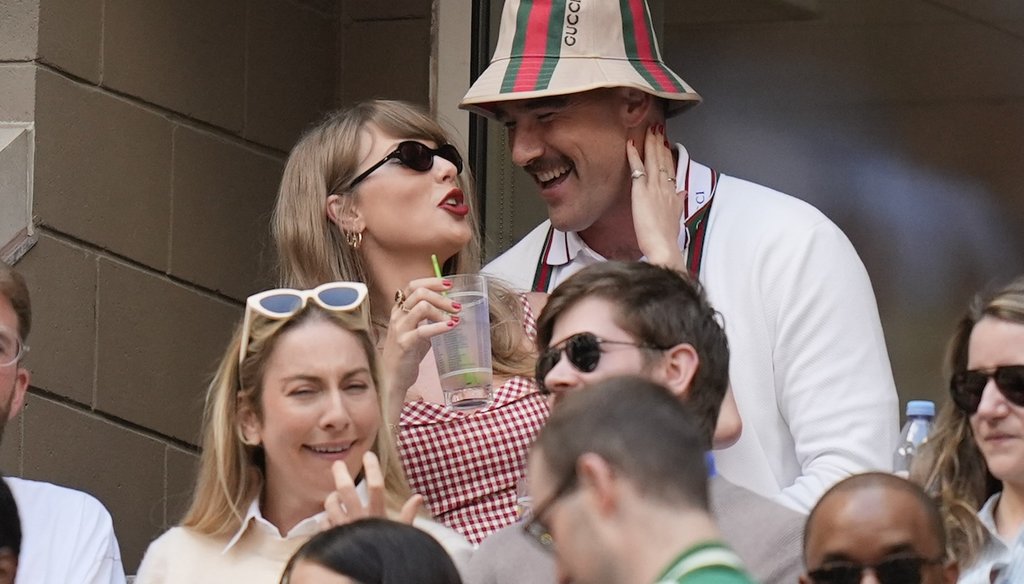 Taylor Swift and Kansas City Chiefs tight end Travis Kelce watch play between Jannik Sinner, of Italy, and Taylor Fritz, of the United States, during the men's singles final of the U.S. Open tennis championships, Sept. 8, 2024, in New York. (AP)