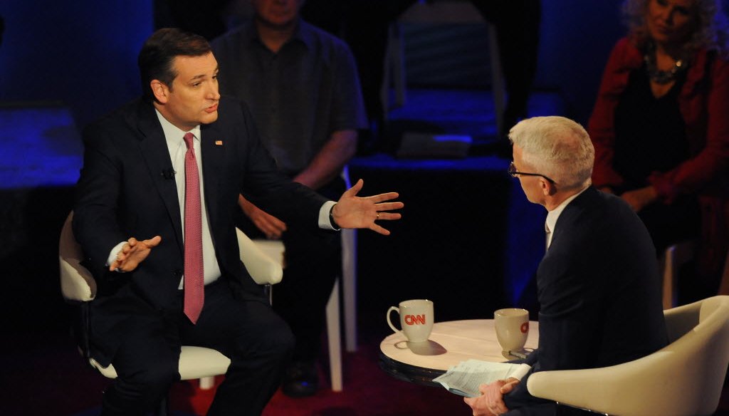 Republican U.S. Sen. Ted Cruz of Texas (left) was interviewed by CNN host Anderson Cooper during a town hall event for GOP presidential candidates at the Riverside Theater in Milwaukee on March 29, 2016. (Michael McLoone photo)