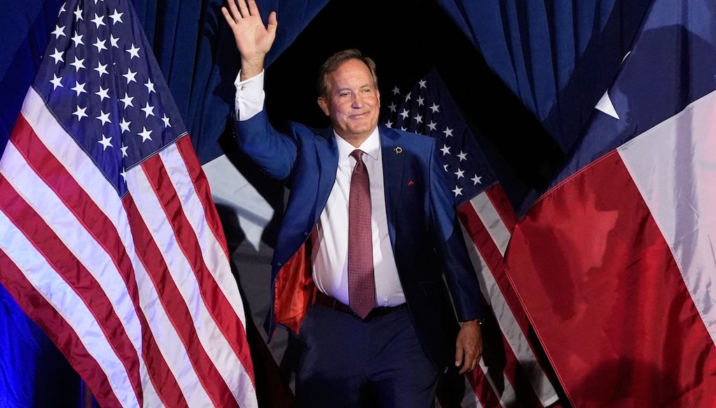 Texas Attorney General Ken Paxton, a Republican candidate for the U.S. Senate, waves as he takes the stage during a primary runoff election night event after winning the Republican party's nomination May 26, 2026, in Plano, Texas. (AP)