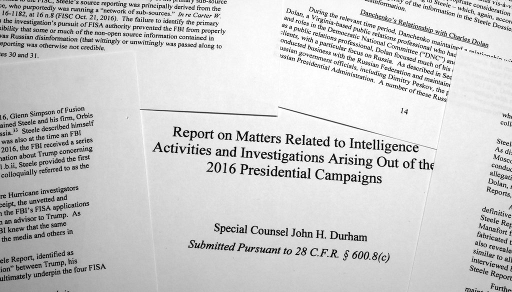 The final report by special prosecutor John Durham, photographed May 15, 2023. Durham ended his four-year investigation into possible FBI misconduct in its probe of ties between Russia and Donald Trump's 2016 presidential campaign. (AP)