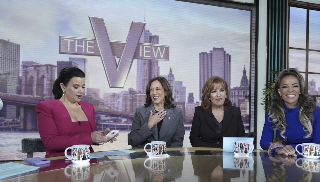 Vice President Kamala Harris chats with the hosts during a commercial break on "The View," on Oct. 8, 2024, in New York. From left are Ana Navarro, Harris, Joy Behar and Sunny Hostin. (AP)