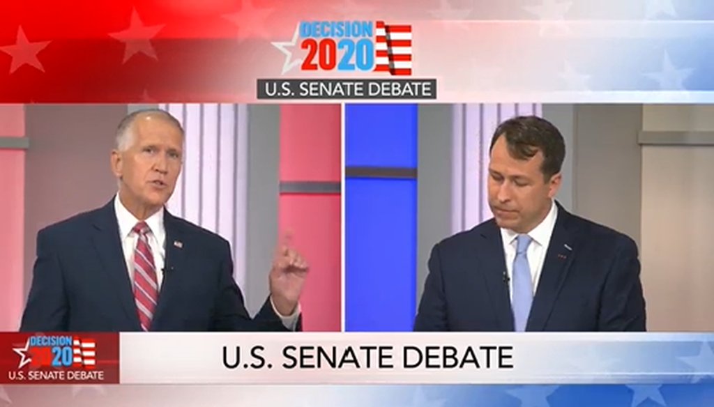 U.S. Sen. Thom Tillis and Cal Cunningham spar during a debate on WRAL on Sept. 14, 2020.