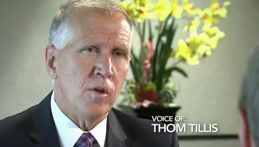 U.S. Sen. Thom Tillis (R-NC) speaks during a TV interview.