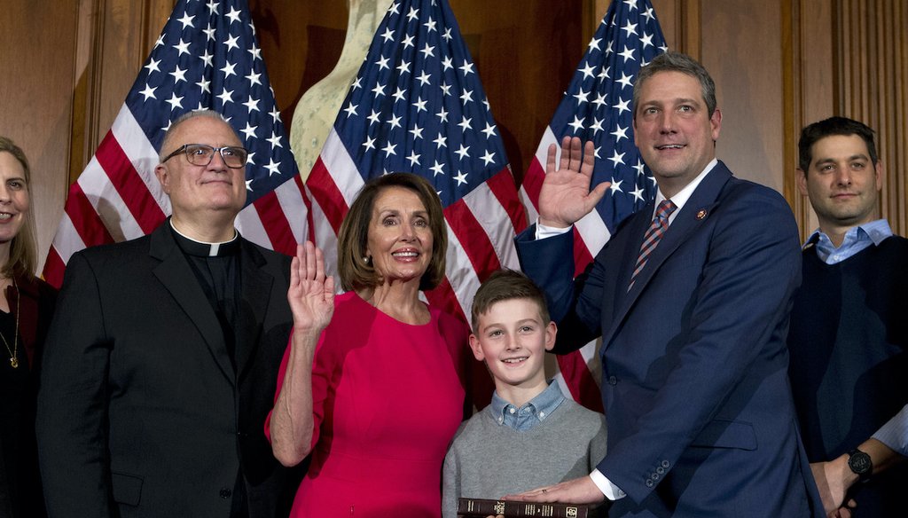 House Speaker Nancy Pelosi of Calif., administers the House oath of office to Rep. Tim Ryan, D-Ohio, during ceremonial swearing-in on Capitol Hill in Washington, Thursday, Jan. 3, 2019, during the opening session of the 116th Congress. (AP)