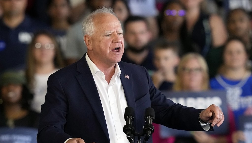 Democratic vice presidential candidate Minnesota Gov. Tim Walz speaks at a campaign rally Aug. 7, 2024, in Romulus, Mich., with Democratic presidential nominee Vice President Kamala Harris. (AP)