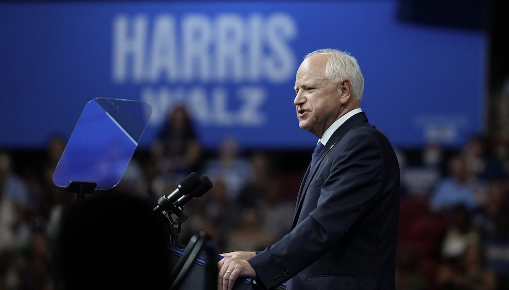 Democratic presidential nominee Vice President Kamala Harris' running mate Minnesota Gov. Tim Walz speaks during a campaign event in Philadelphia on Aug. 6, 2024. (AP)