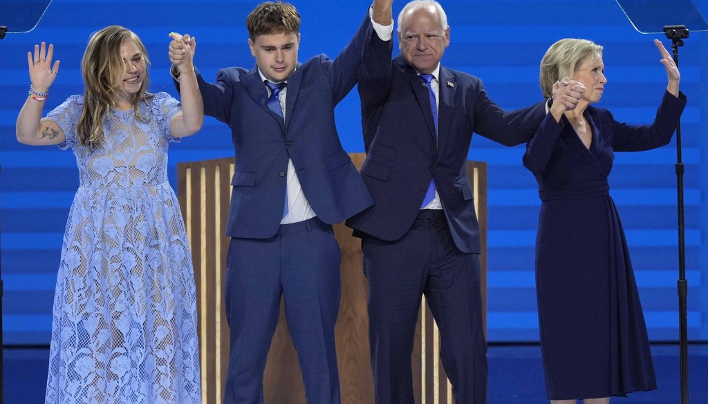 Democratic Minnesota Gov. Tim Walz poses with his wife Gwen Walz, son Gus Walz and daughter Hope Walz after speaking during the Democratic National Convention Aug. 21, 2024, in Chicago. (AP)