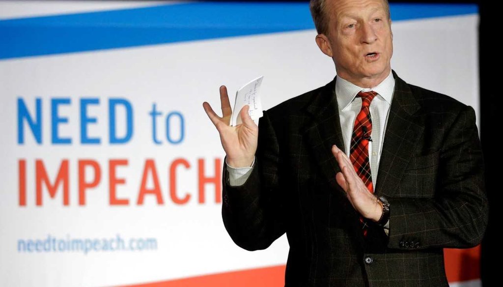 In this March 13, 2019, photo, billionaire investor and Democratic activist Tom Steyer speaks during a "Need to Impeach" town hall event in Agawam, Mass / Associated Press