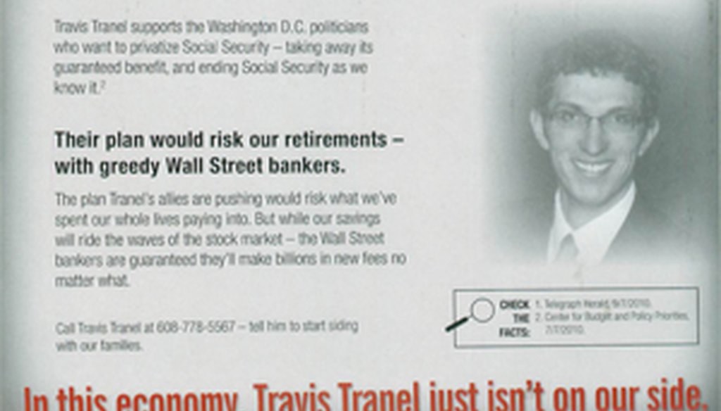 Campaign literature distributed by the Greater Wisconsin committee against a Wisconsin state Assembly candidate (back)