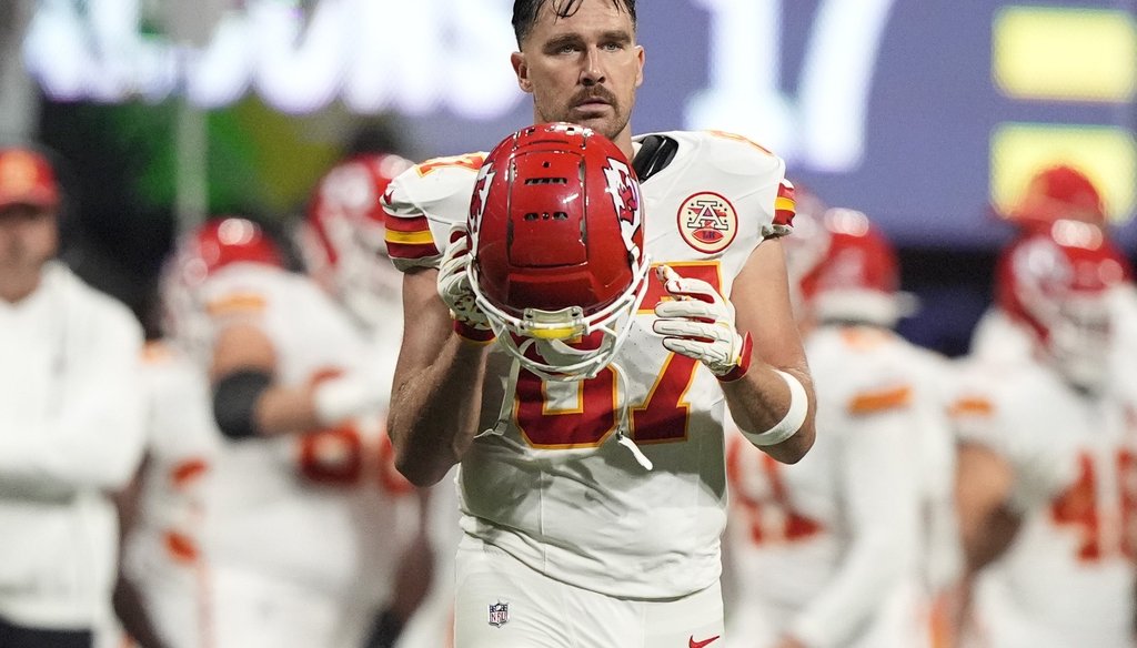 Kansas City Chiefs tight end Travis Kelce (87) walks off the field after an NFL football game against the Atlanta Falcons Sept. 22, 2024, in Atlanta. (AP)