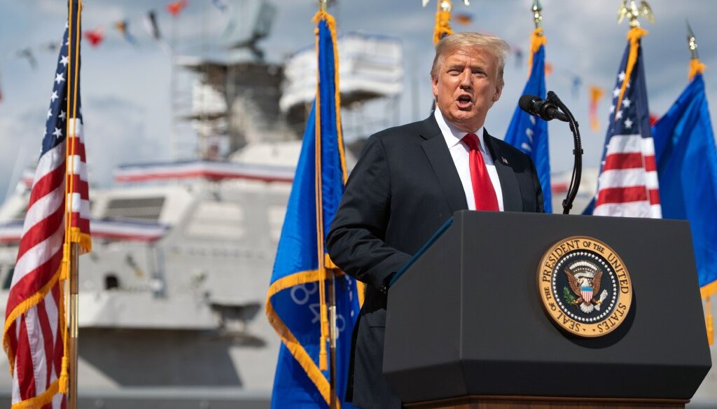President Donald Trump speaks following a tour of Fincantieri Marinette Marine in Marinette, Wis. (Photo by Saul Loeb/AFP via Getty Images)