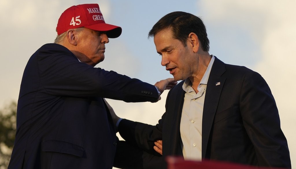 Sen. Marco Rubio, R-Fla., speaks Nov. 6, 2022, as former President Donald Trump listens at a campaign rally in Miami. (AP)