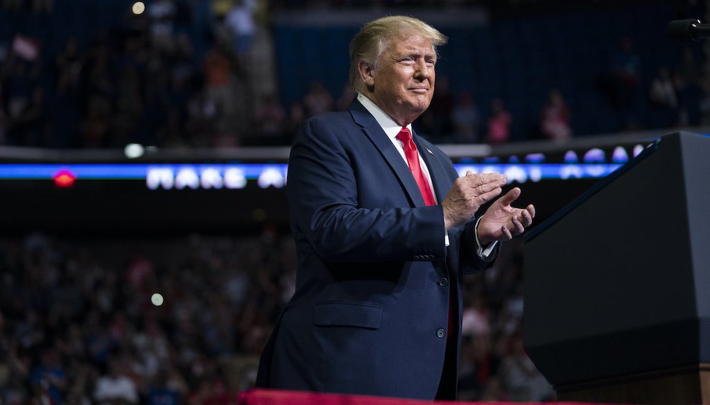 President Donald Trump arrives on stage at a campaign rally at the BOK Center, on June 20, 2020, in Tulsa, Okla. (AP)