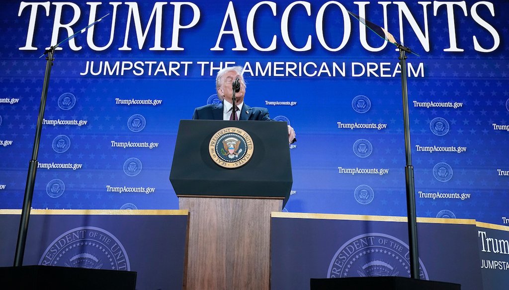 President Donald Trump launches Trump accounts at the Andrew W. Mellon Auditorium in Washington, D.C., on Jan. 28, 2026. (AP)