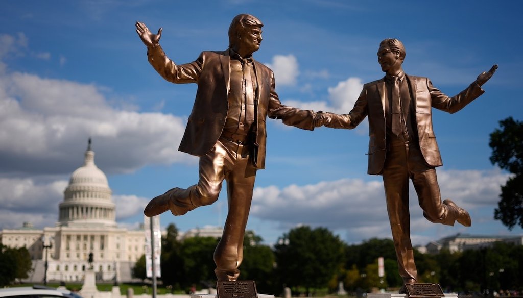 An art installation representing President Donald Trump and Jeffrey Epstein holding hands near the U.S. Capitol on Oct. 3, 2025. The sculpture was removed but reappeared Nov. 13, the day after congressional members released Epstein emails. (AP)