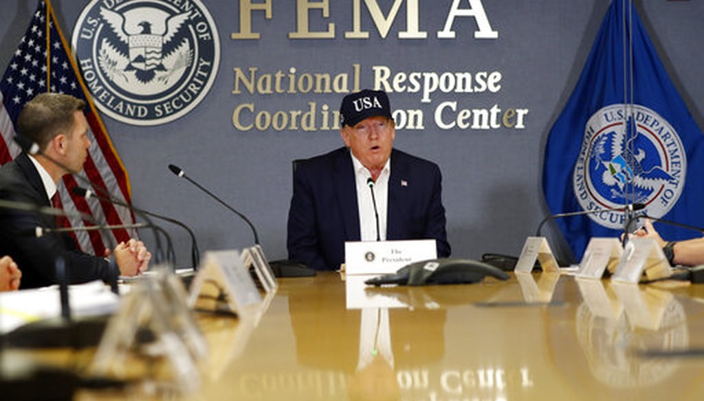 President Donald Trump speaks at the Federal Emergency Management Agency (FEMA), Sunday, Sept. 1, 2019, in Washington, as Acting Homeland Security Secretary Kevin McAleenan, left, looks on. (AP)