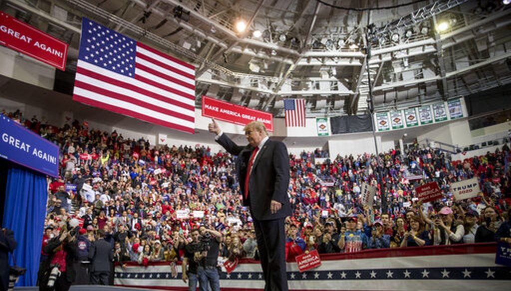 President Donald Trump waves after speaking April 27. 2019, at a rally at Resch Center Complex in Green Bay, Wis. (AP)