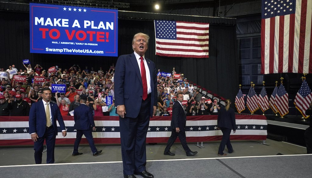 Republican presidential nominee former President Donald Trump pauses to talk to onlookers after speaking at an Aug. 9, 2024, campaign rally in Bozeman, Montana. (AP)