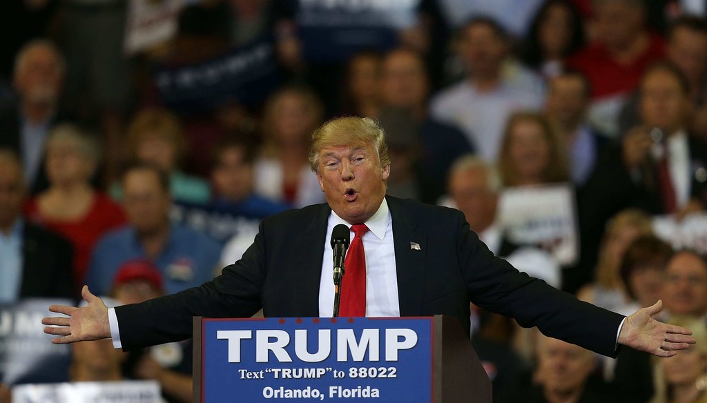 Republican front runner Donald Trump speaks at the University of Central Florida. Trump has been defending his defunct Trump University, saying it has an A rating from the Better Business Bureau. (Getty Images)