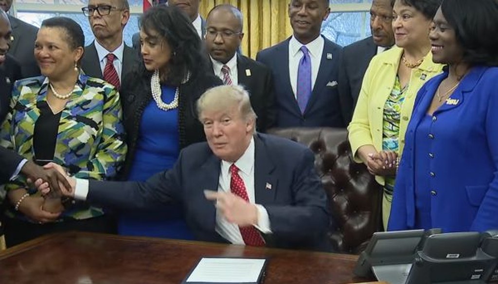 President Donald Trump meets with leaders of historically black colleges and universities in the Oval Office on Feb. 28, 2017.