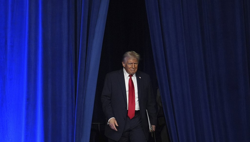 Republican presidential nominee former President Donald Trump arrives at an election night watch party at the Palm Beach Convention Center, Wednesday, Nov. 6, 2024, in West Palm Beach, Fla. (AP)