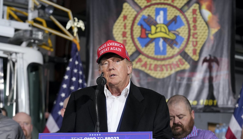 Former President Donald Trump speaks at the East Palestine Fire Department as he visits the area in the aftermath of the Norfolk Southern train derailment Feb. 3 in East Palestine, Ohio,  Feb. 22, 2023. (AP)