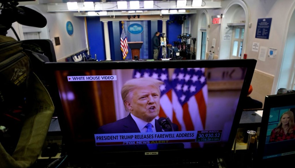 President Donald Trump is seen on a network monitor after his pre-recorded farewell speech was released, inside the Brady Press Briefing Room at the White House on Jan. 19, 2021. (AP)