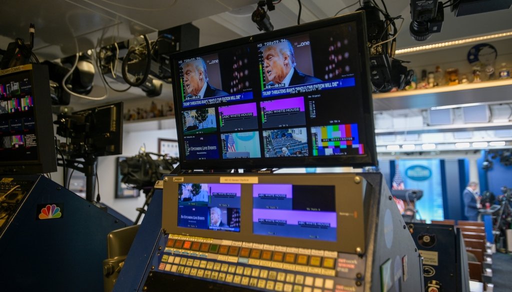 President Donald Trump is seen on television monitors in the James S. Brady Press Briefing Room at the White House in Washington, April 7, 2026. (AP)