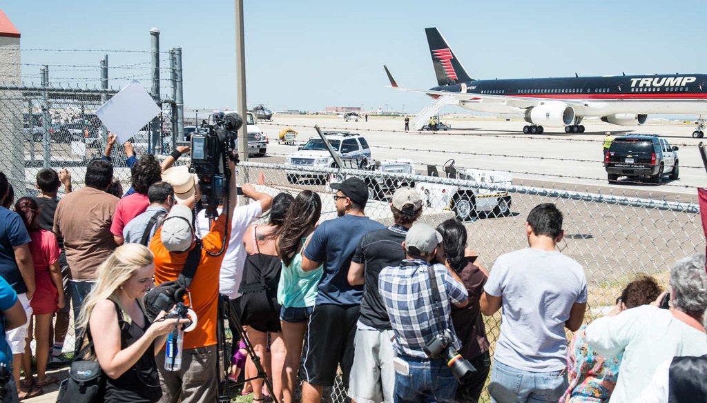 Republican presidential candidate Donald Trump leaves in his private jet after his trip to the border on July 23, 2015 in Laredo, Texas. (Getty Images)