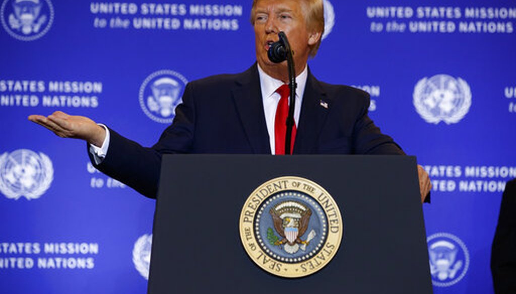 President Donald Trump speaks during a news conference at the InterContinental Barclay New York hotel during the United Nations General Assembly, Wednesday, Sept. 25, 2019, in New York. (AP)