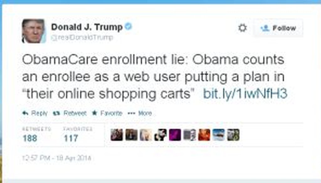 Billionaire Donald Trump sent this tweet to cast doubt on the enrollment numbers for the new health care program.