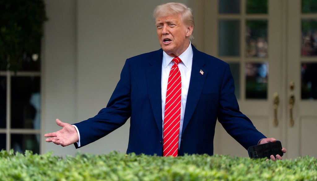 President Donald Trump speaks with reporters in front of the West Wing of the White House, May 8, 2025, in Washington. (AP)