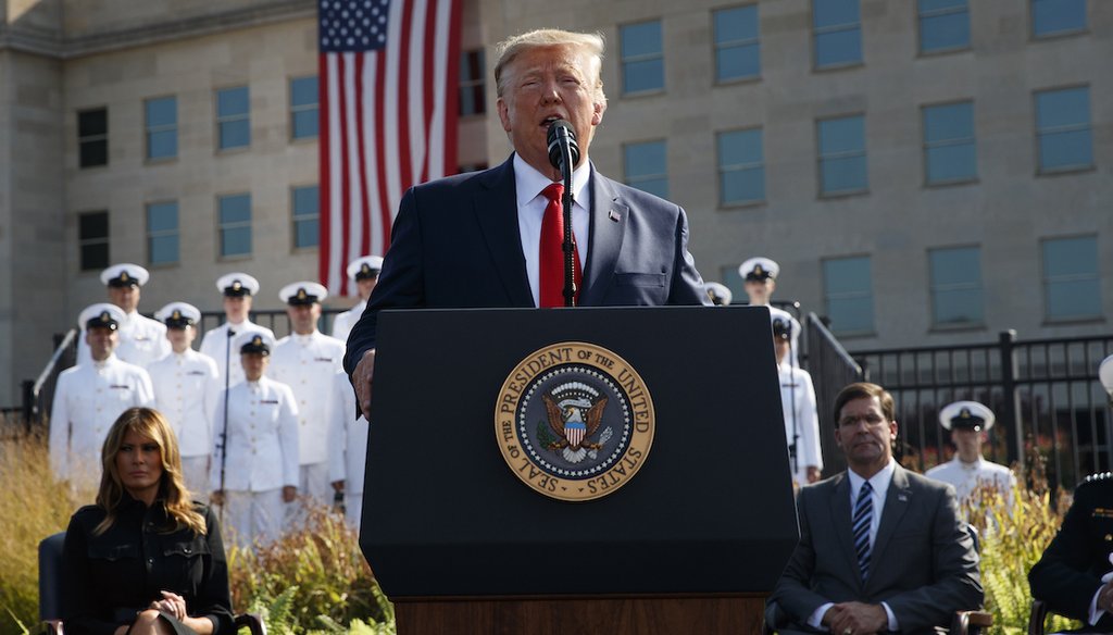 President Donald Trump speaks during a ceremony honoring the victims of the Sept. 11 terrorist attacks, Wednesday, Sept. 11, 2019, at the Pentagon. (AP)