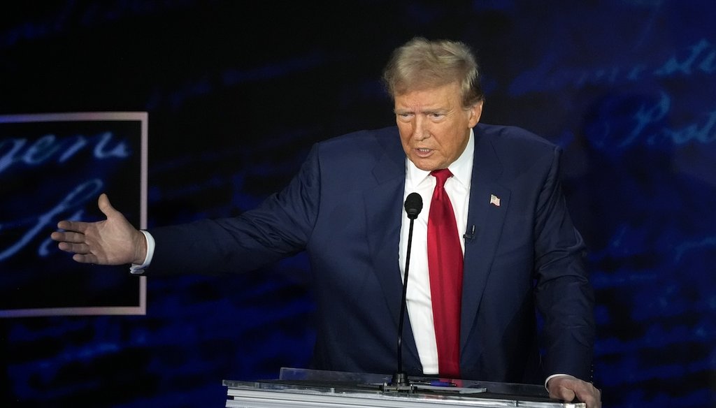 Republican presidential nominee former President Donald Trump speaks during a presidential debate with Democratic presidential nominee Vice President Kamala Harris at the National Constitution Center, Sept.10, 2024, in Philadelphia. (AP)