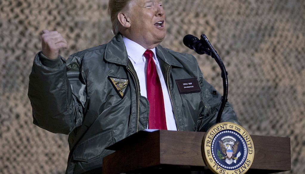 President Donald Trump speaks at a hangar rally at Al Asad Air Base, Iraq, Wednesday, Dec. 26, 2018. (AP)