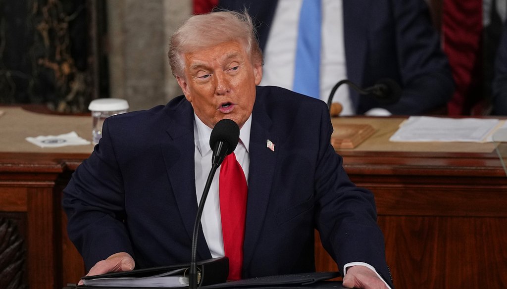 President Donald Trump delivers the State of the Union address to a joint session of Congress in the House chamber at the U.S. Capitol in Washington, Tuesday, Feb. 24, 2026, as Vice President JD Vance and House Speaker Mike Johnson of La., listen. (AP)