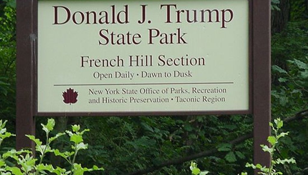 A sign at the entrance to Donald J. Trump State Park in New York in 2008 (Alan Kroeger, Wikimedia Commons)
